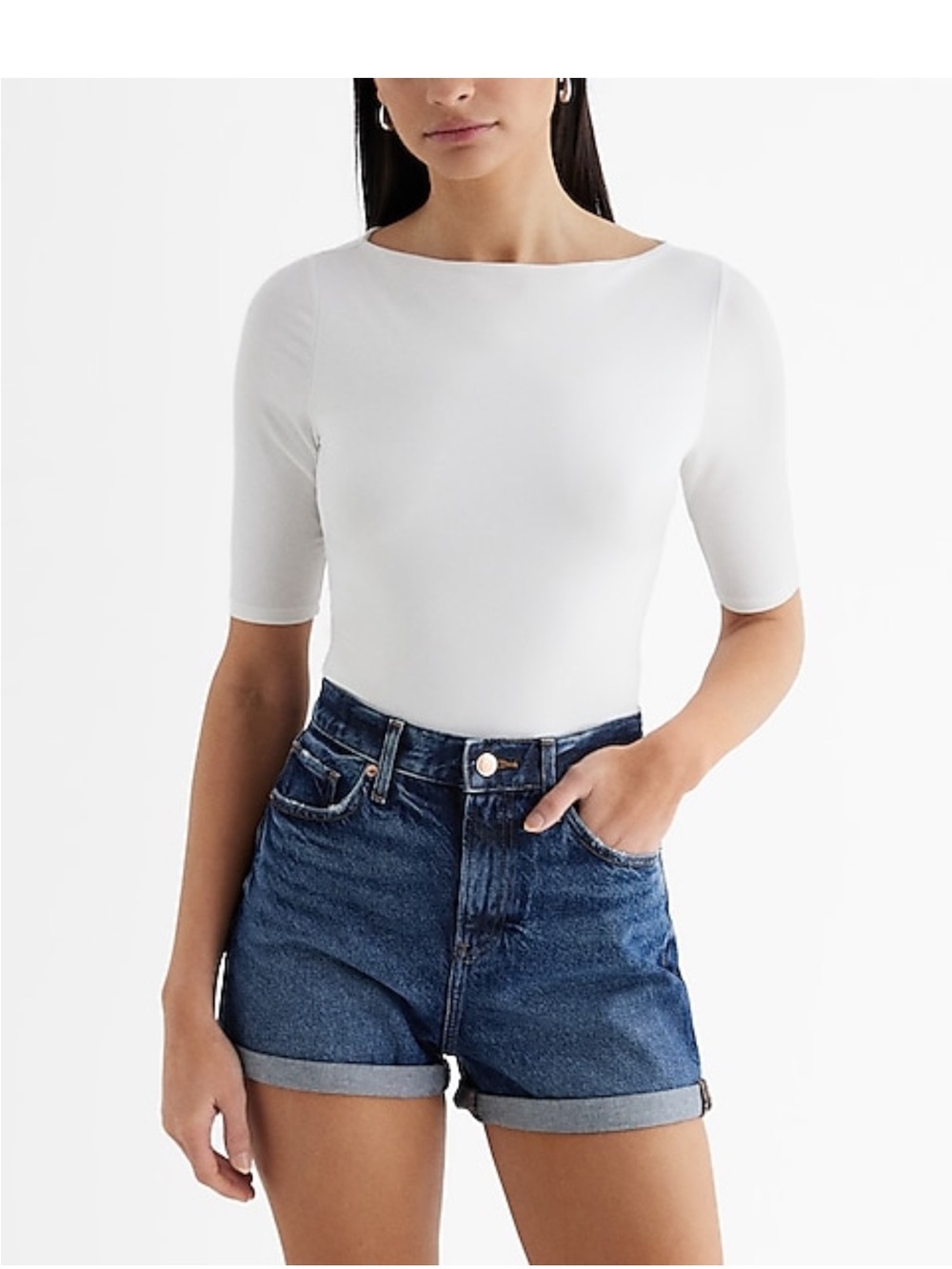 Express White Boatneck Elbow-Sleeve Bodysuit